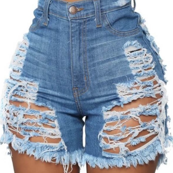 High Waist Ripped Raw Edge Denim Shorts - Picture 5 of 6